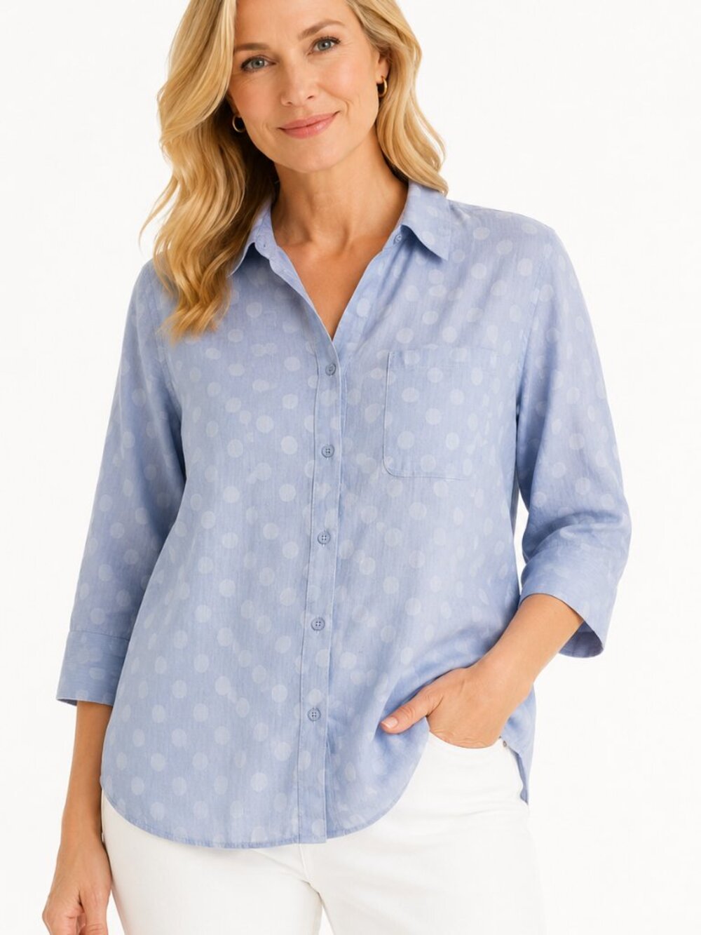 Chico's‎ Wrinkle Resistant Blue Polka Dot Button Front Shirt Blouse Size 3 (XL)